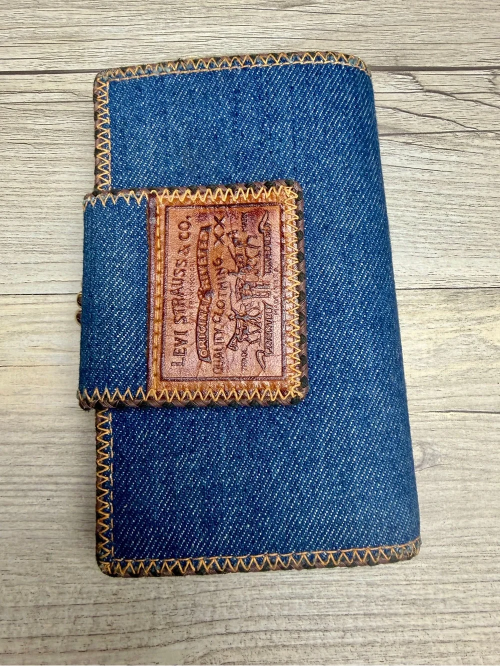 Vtg Levi Strauss & Co Denim Brown Leather Bifold Wallet w/Coin Purse